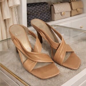 Stuart Weitzman Camel Leather Crisscross Sandals